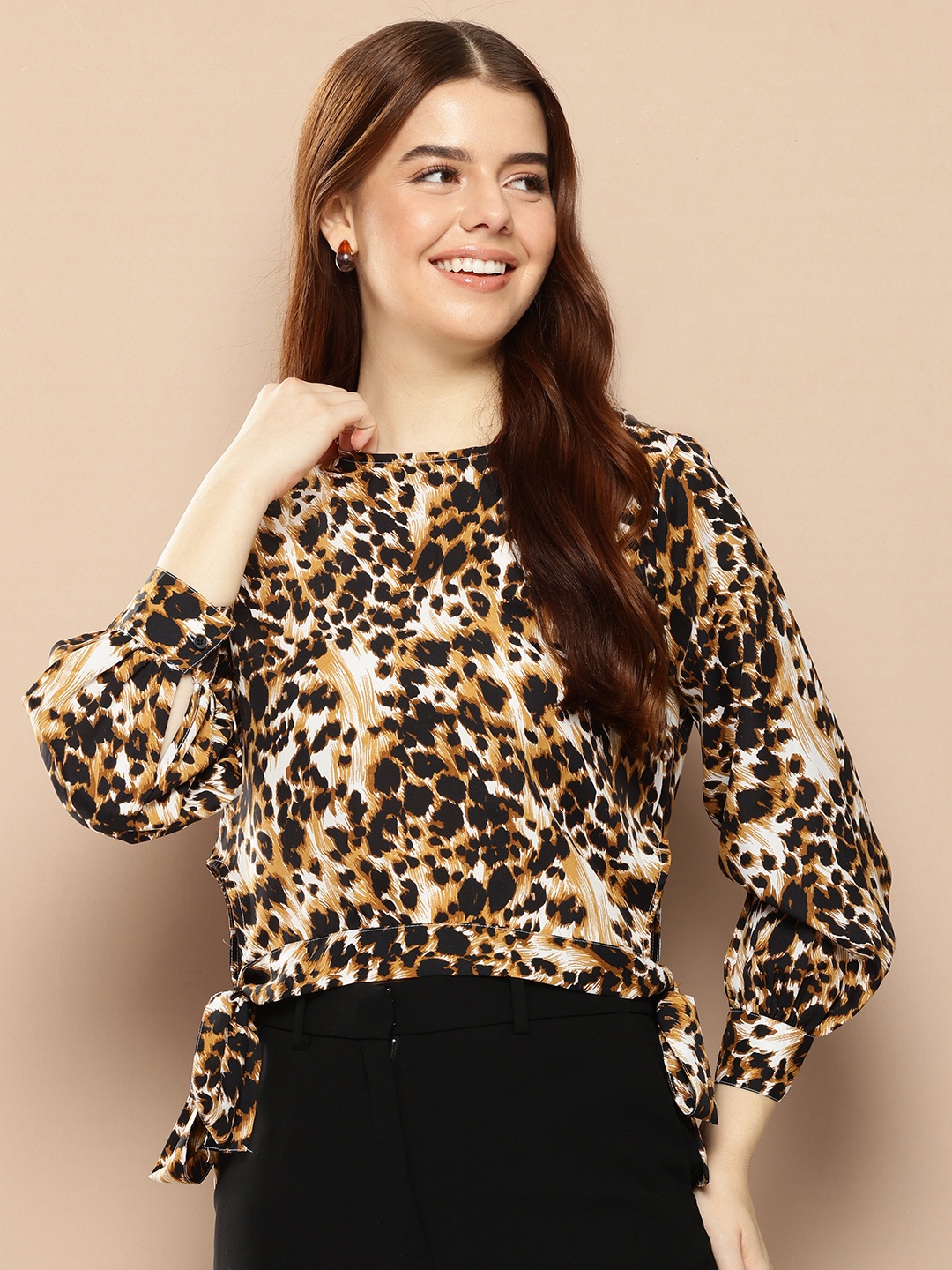 encore by INVICTUS Animal Printed Cuffed Sleeves Waist Tie-Ups Top, White
