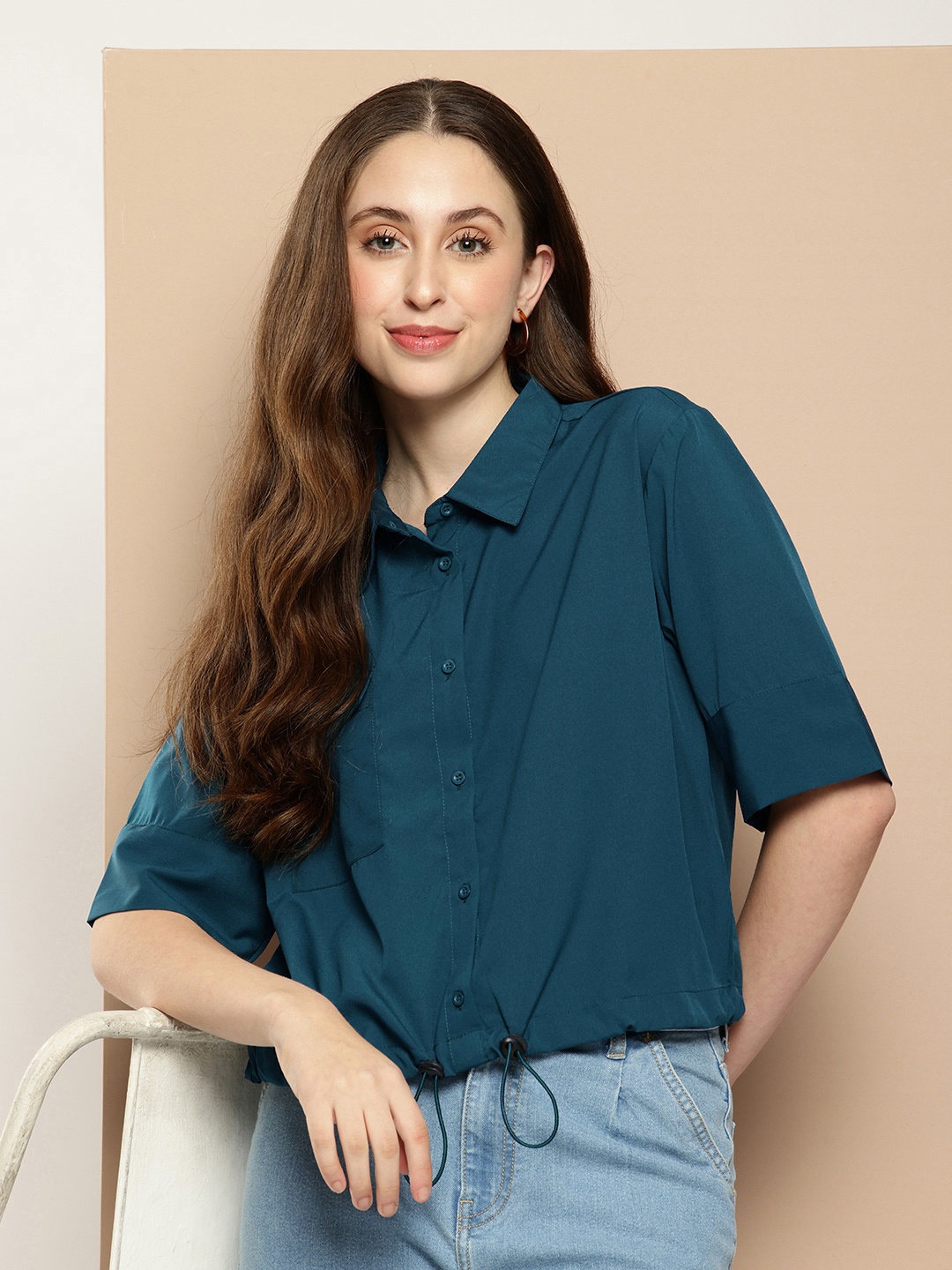 

encore by INVICTUS Boxy Toggle Hem Casual Shirt, Teal