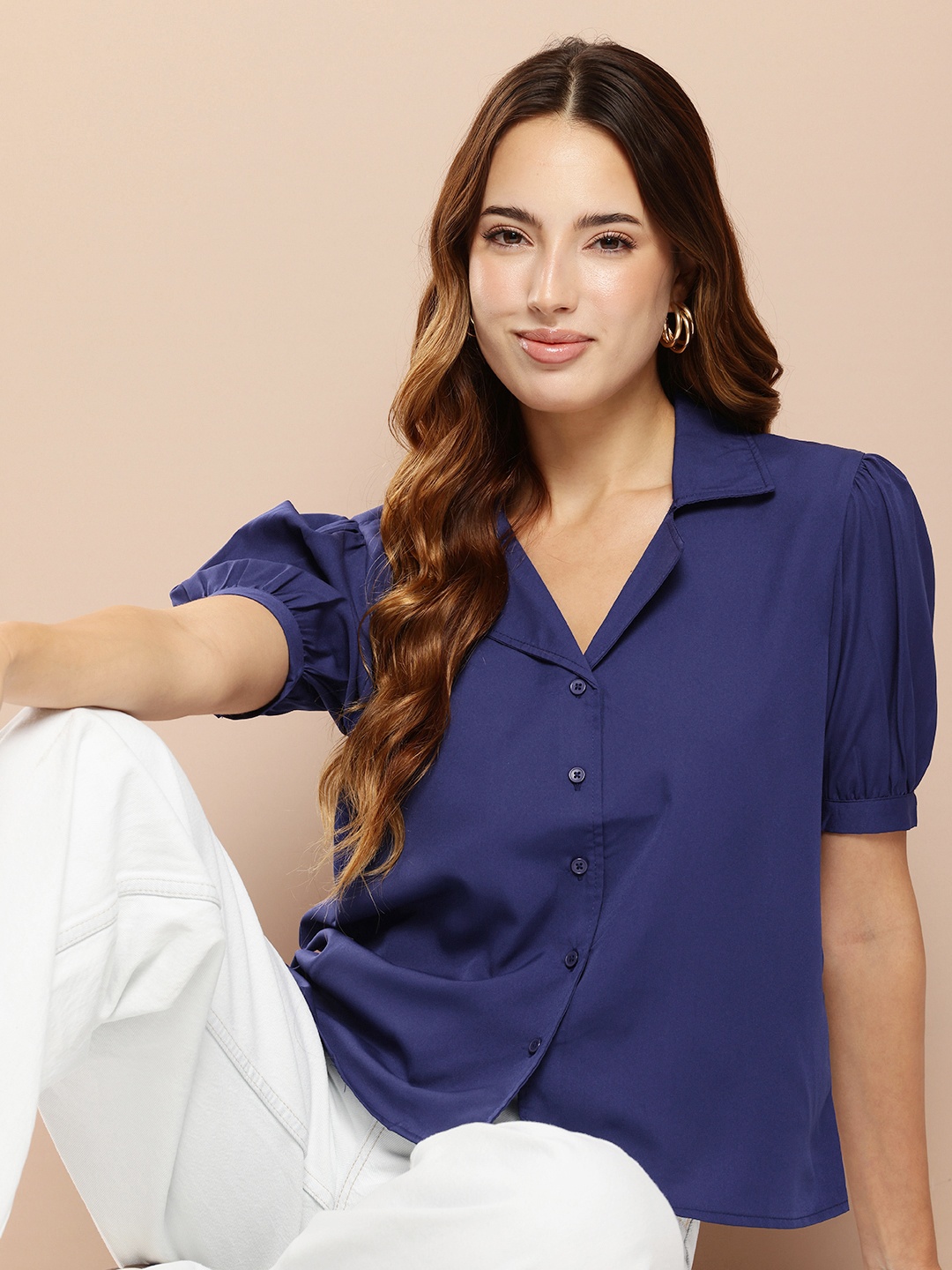 encore by INVICTUS Cuban Collar Puff Sleeves Casual Shirt, Navy blue