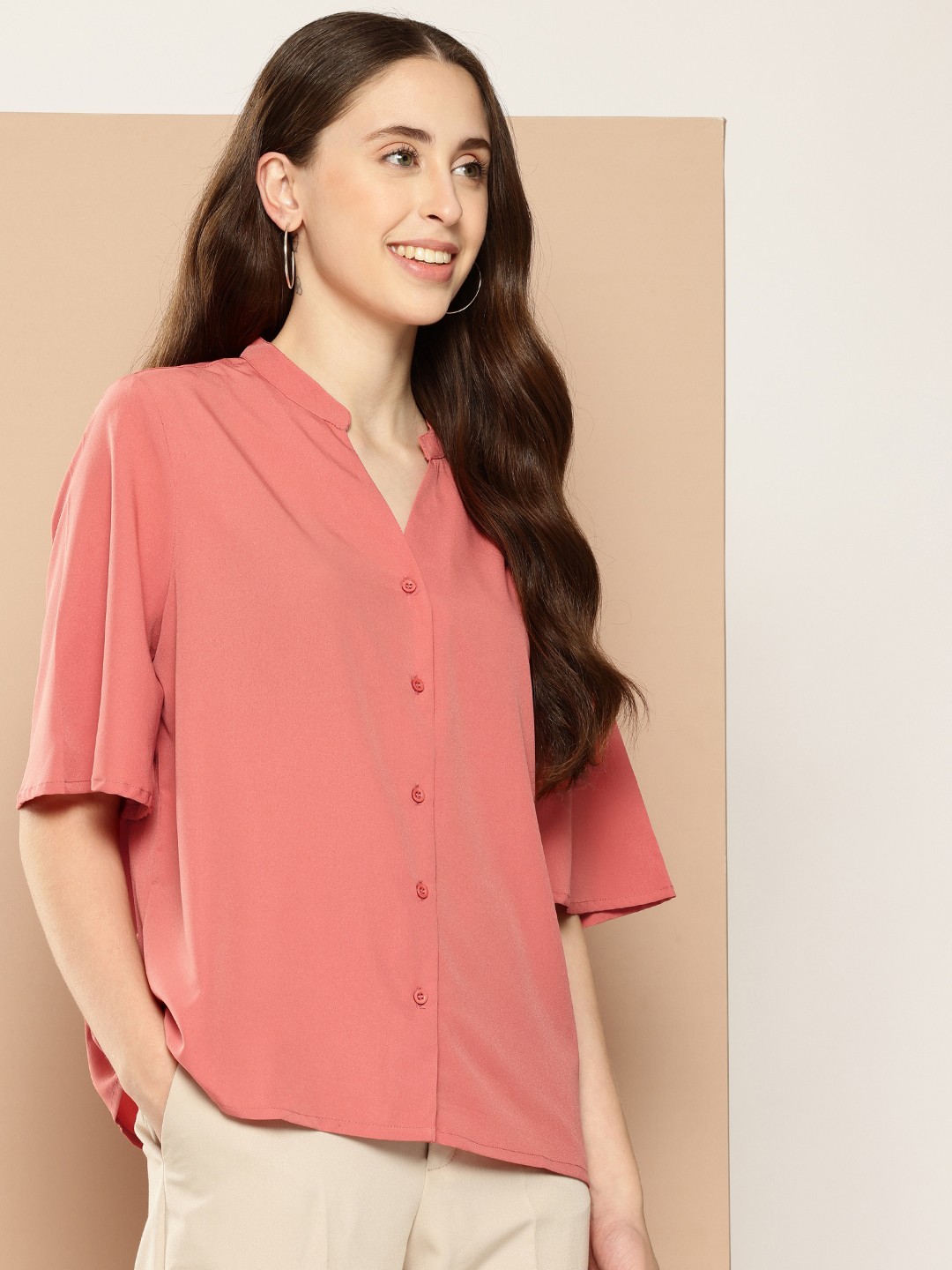

encore by INVICTUS Mandarin Collar Opaque Casual Shirt, Coral