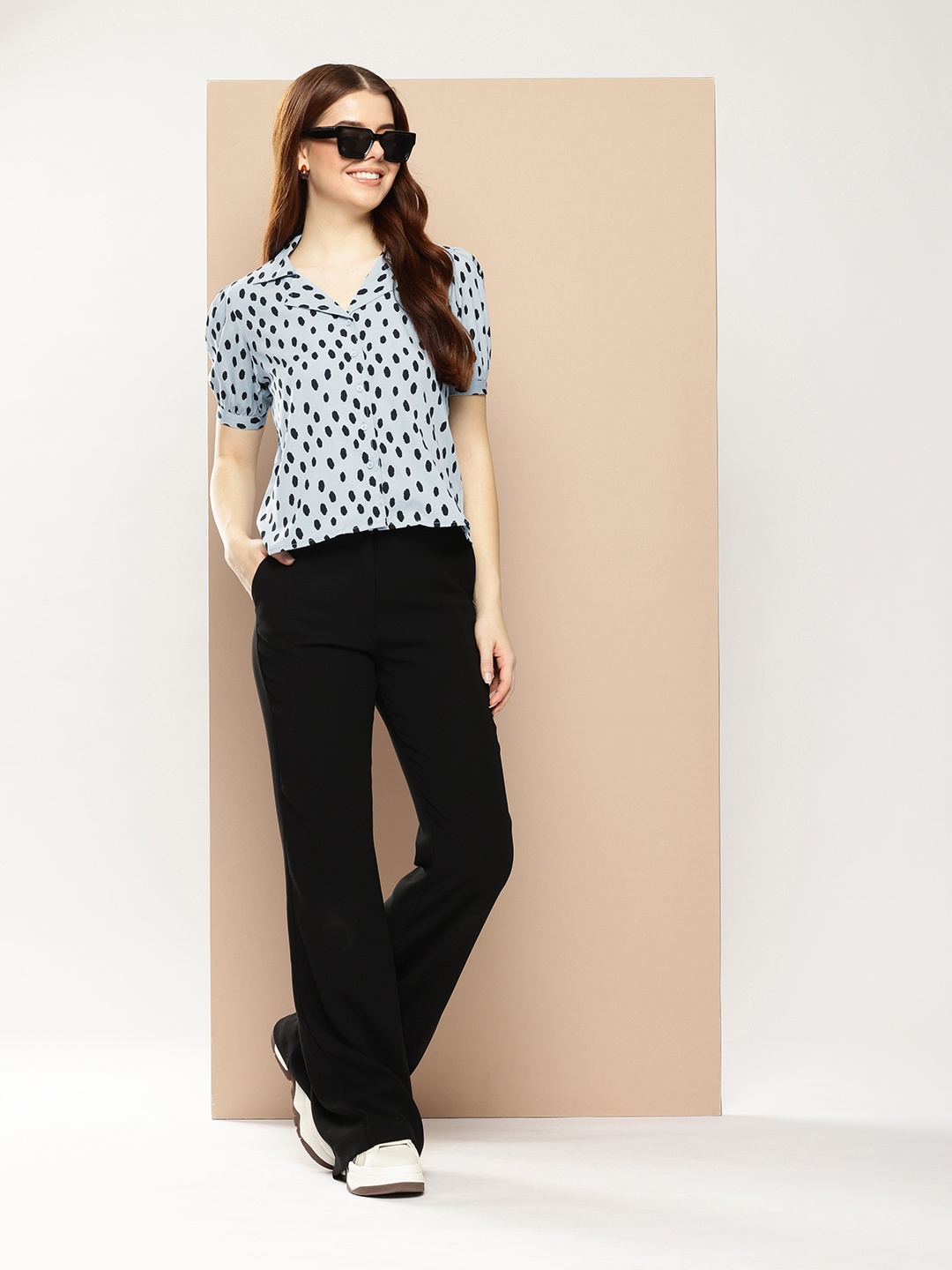 

encore by INVICTUS Puff Sleeves Geometric Printed Casual Shirt, Blue