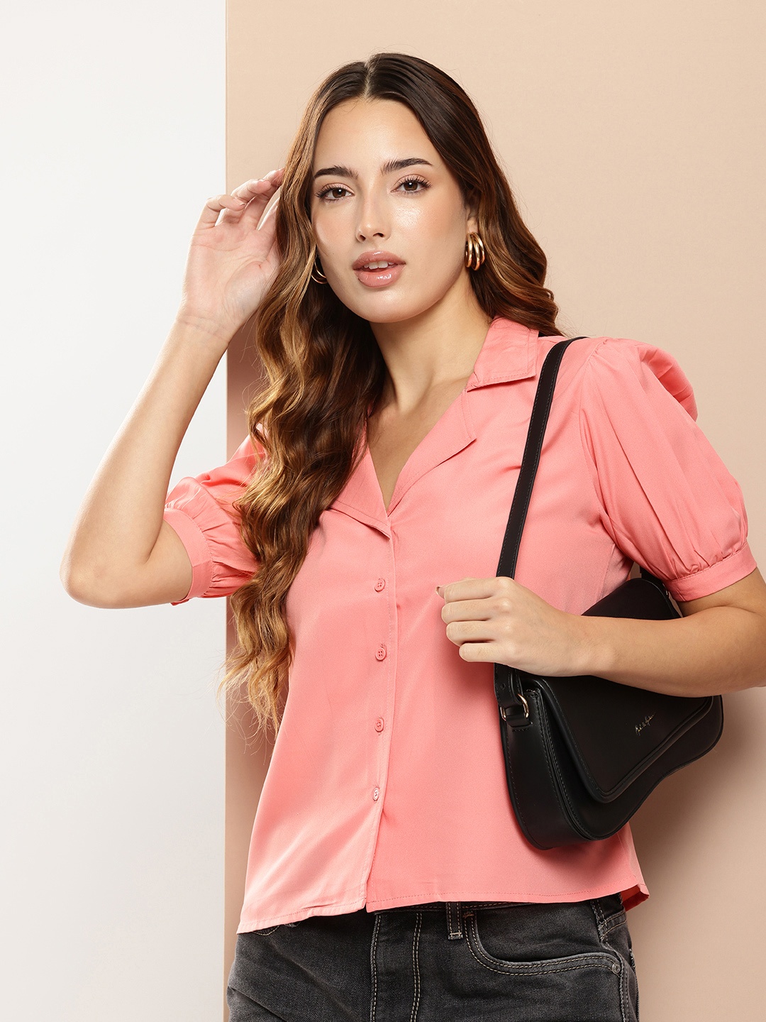 

encore by INVICTUS Cuban Collar Puff Sleeves Casual Shirt, Peach