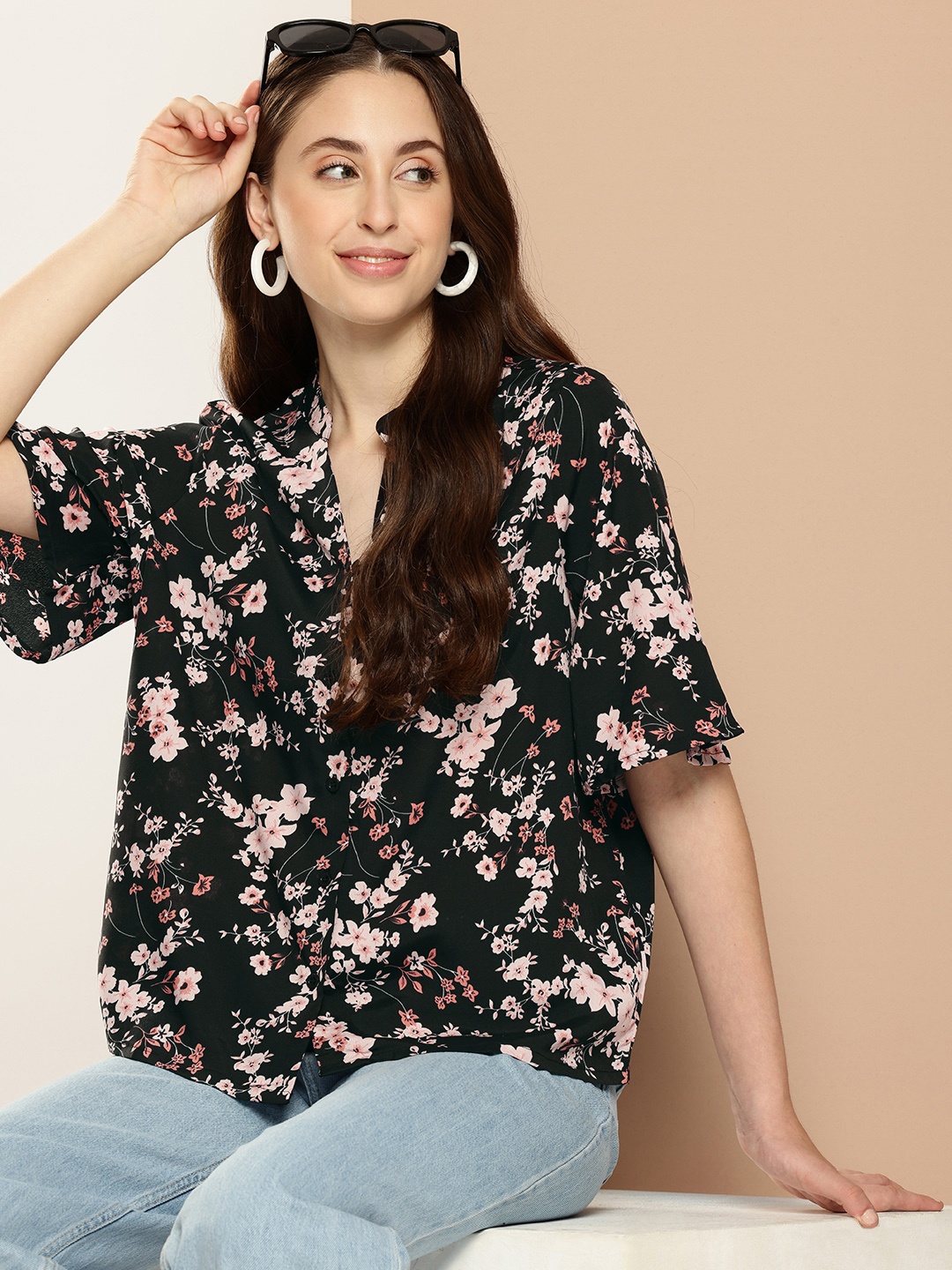 encore by INVICTUS Opaque Floral Printed Casual Shirt, Black