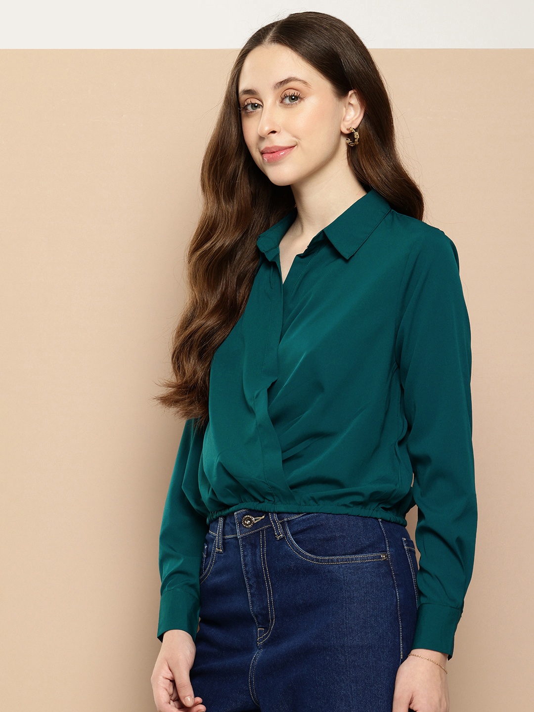 

encore by INVICTUS Shirt Collar Cuffed Sleeves Top, Teal