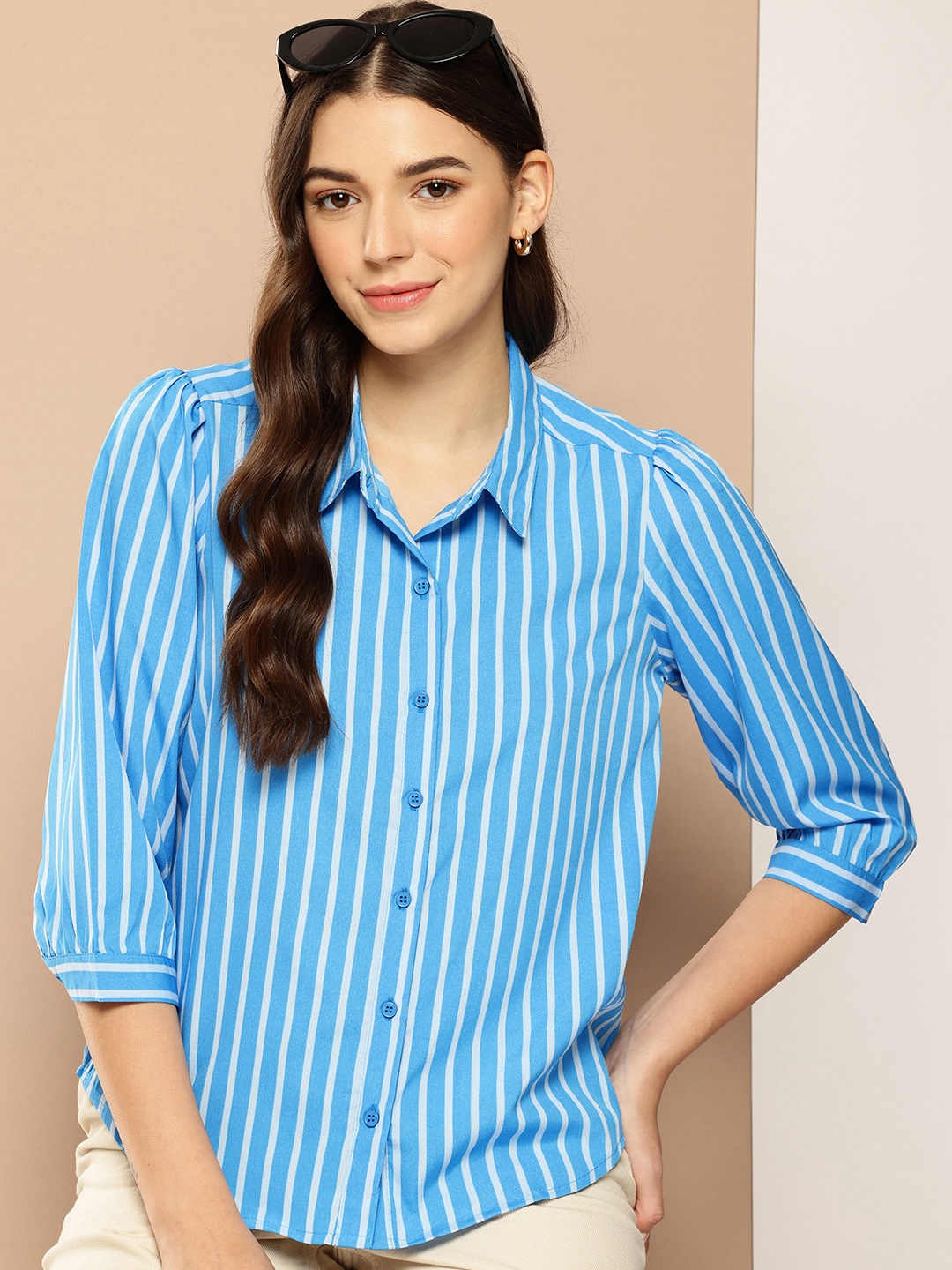 

encore by INVICTUS Opaque Striped Pure Cotton Casual Shirt, Blue