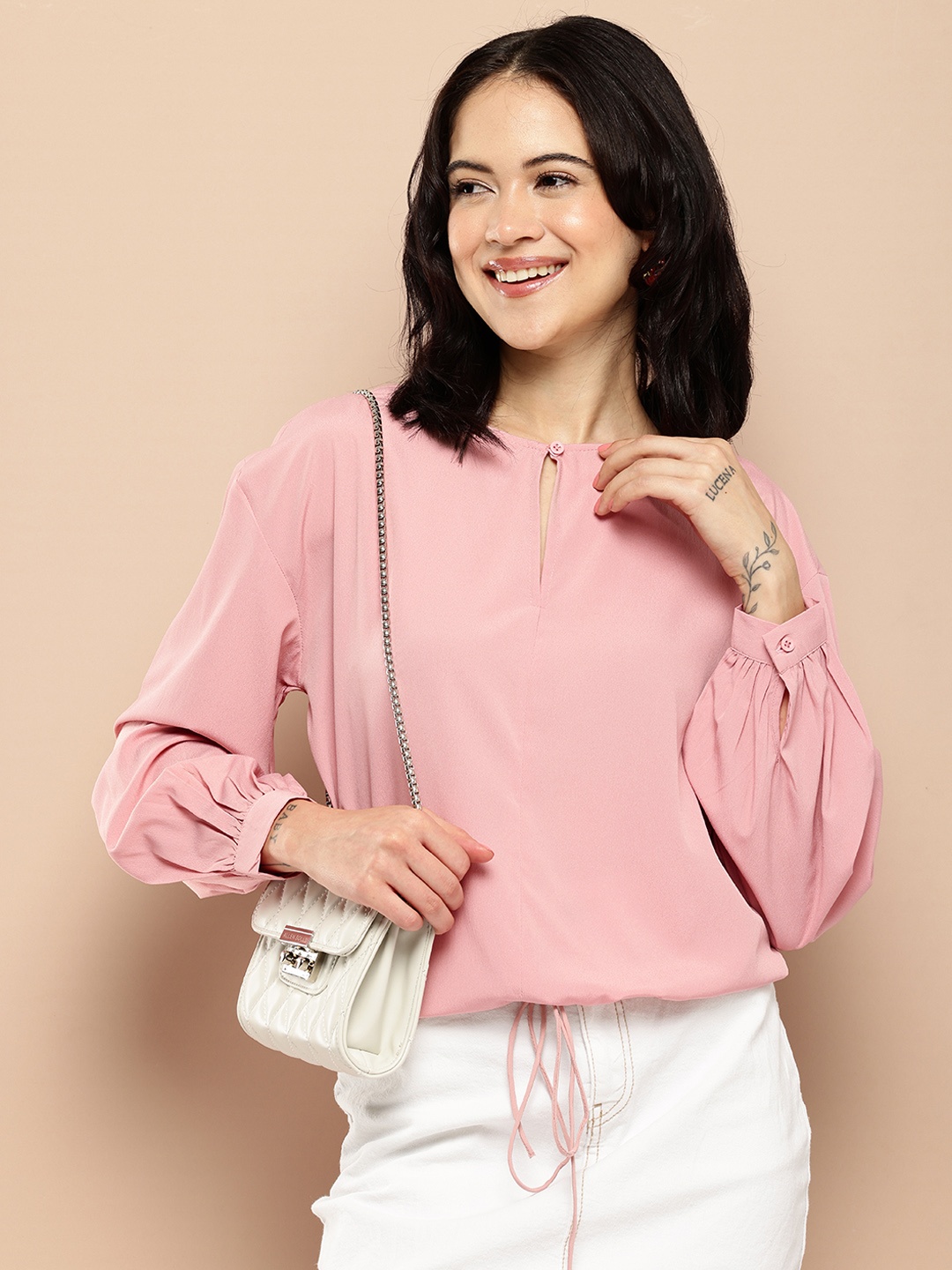 

encore by INVICTUS Keyhole Neck Cuffed Sleeves Top, Rose