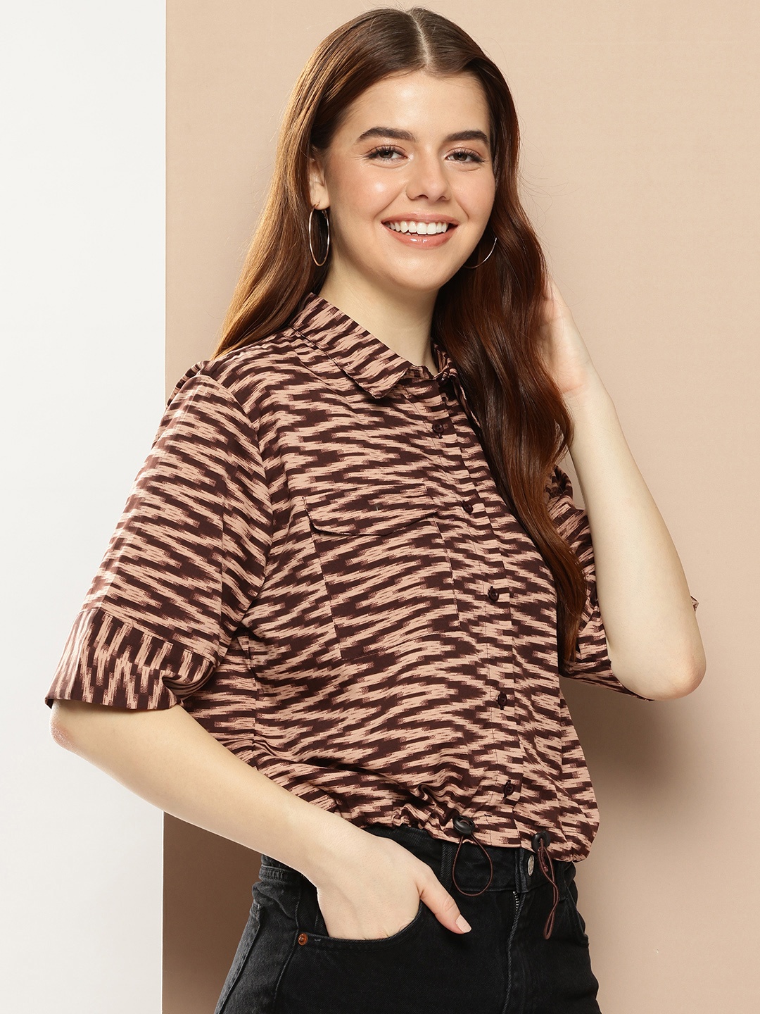 

encore by INVICTUS Geometric Print Boxy Shirt Style Top, Brown