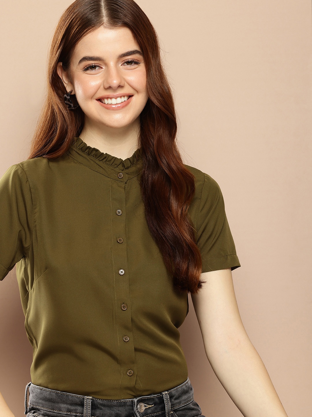 

encore by INVICTUS Band Collar With Ruffle Detailed Casual Shirt, Olive