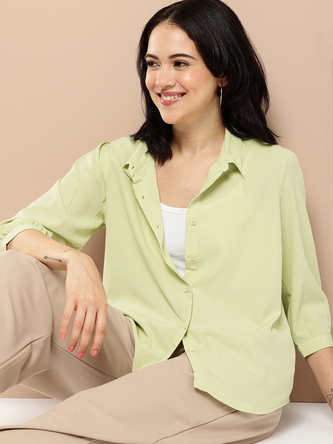

encore by INVICTUS Spread Collar Opaque Casual Shirt, Green