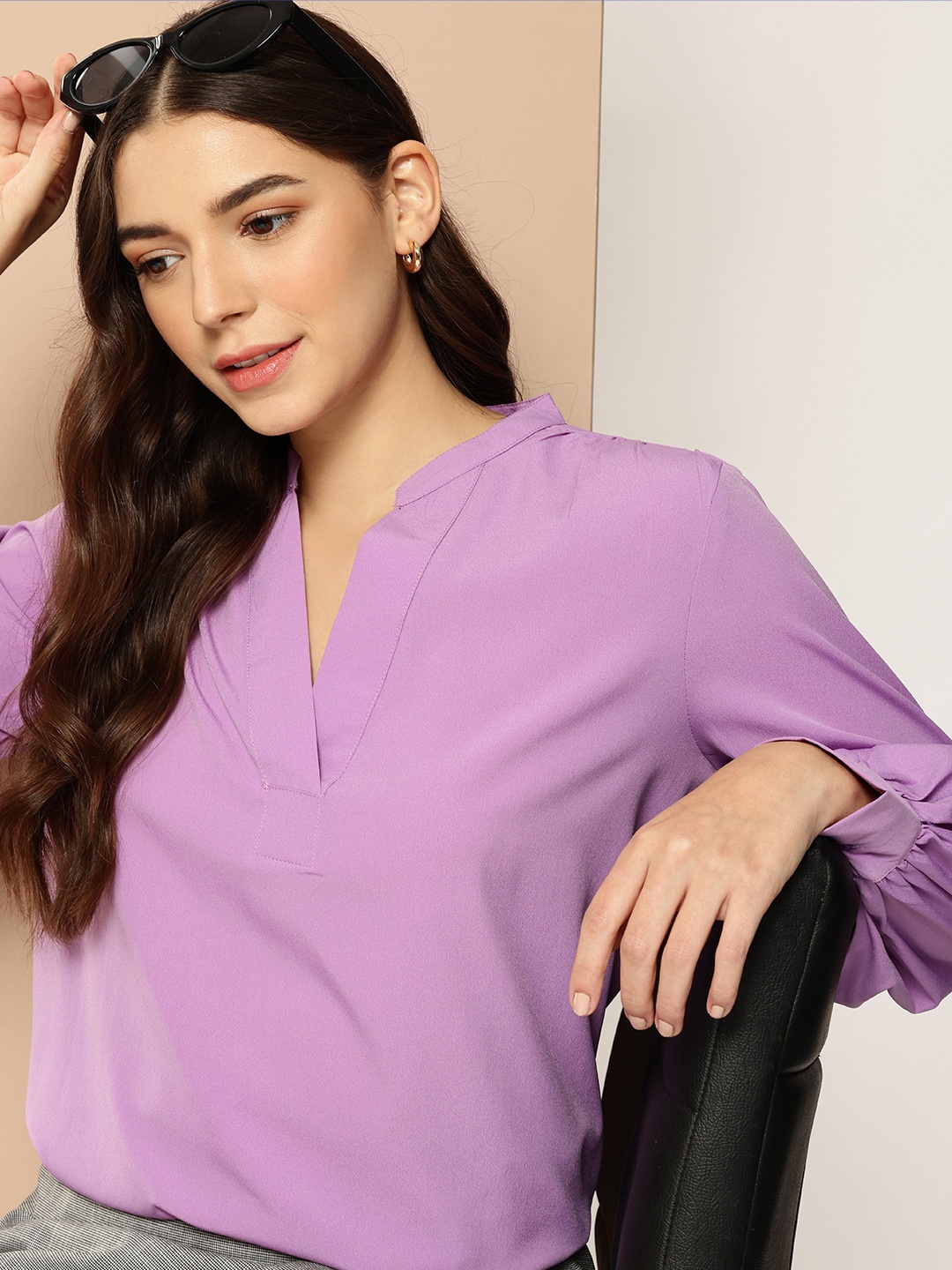 encore by INVICTUS Cuffed Sleeves Mandarin Collar Top, Lavender