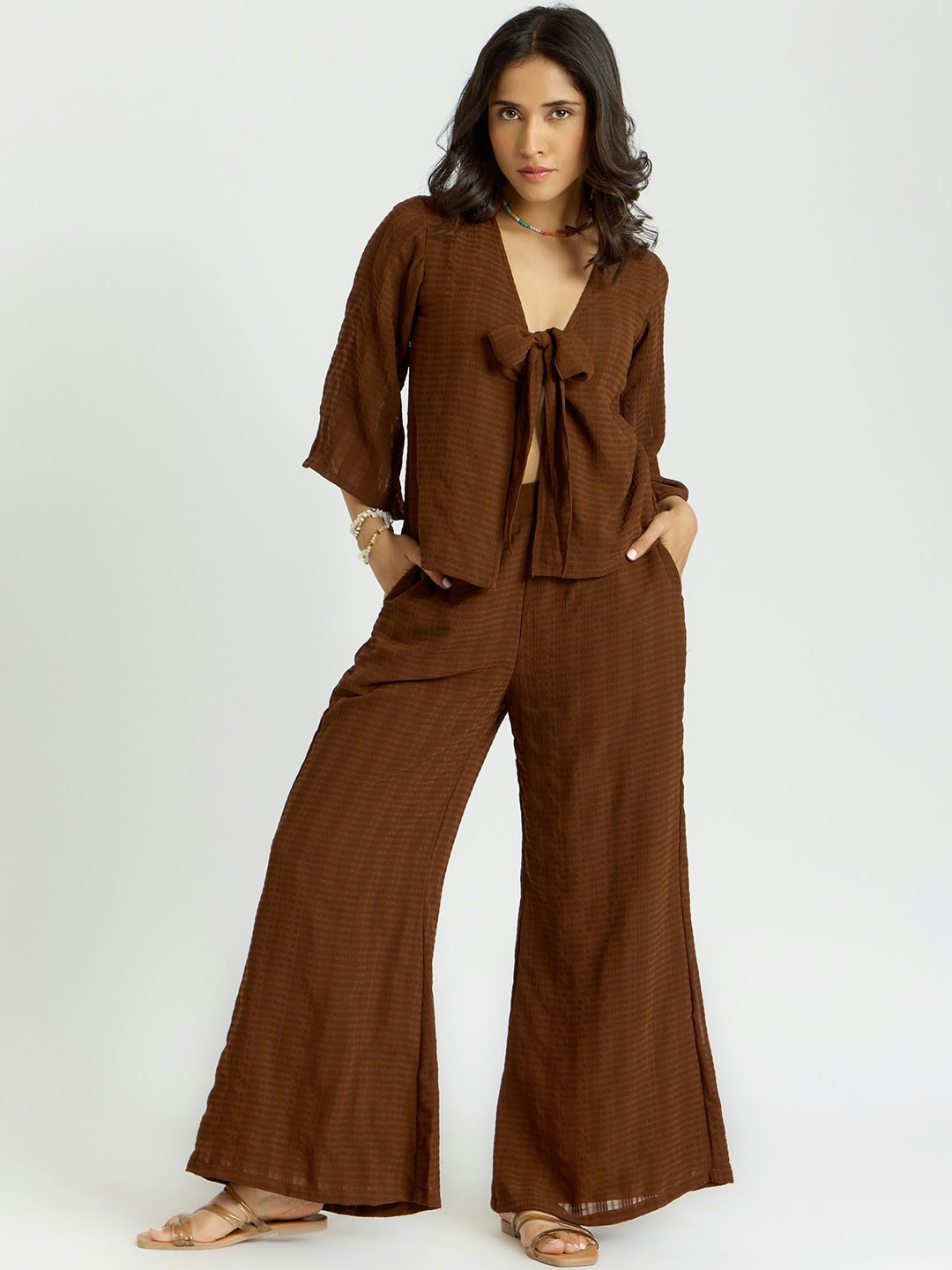 

Alaya By Stage3 Cairo Tie up Textured Top With Palazzos, Brown
