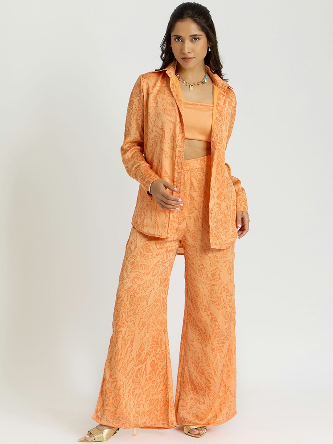 

Alaya By Stage3 Cairo Peachy Vibe Printed Shirt With Trousers & Cami Blouse, Peach