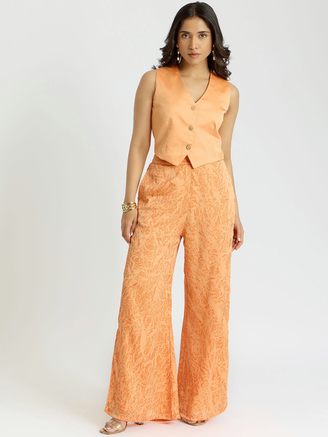 

Alaya By Stage3 Cairo Peach Girl V-Neck Sleeveless Coat & Trousers
