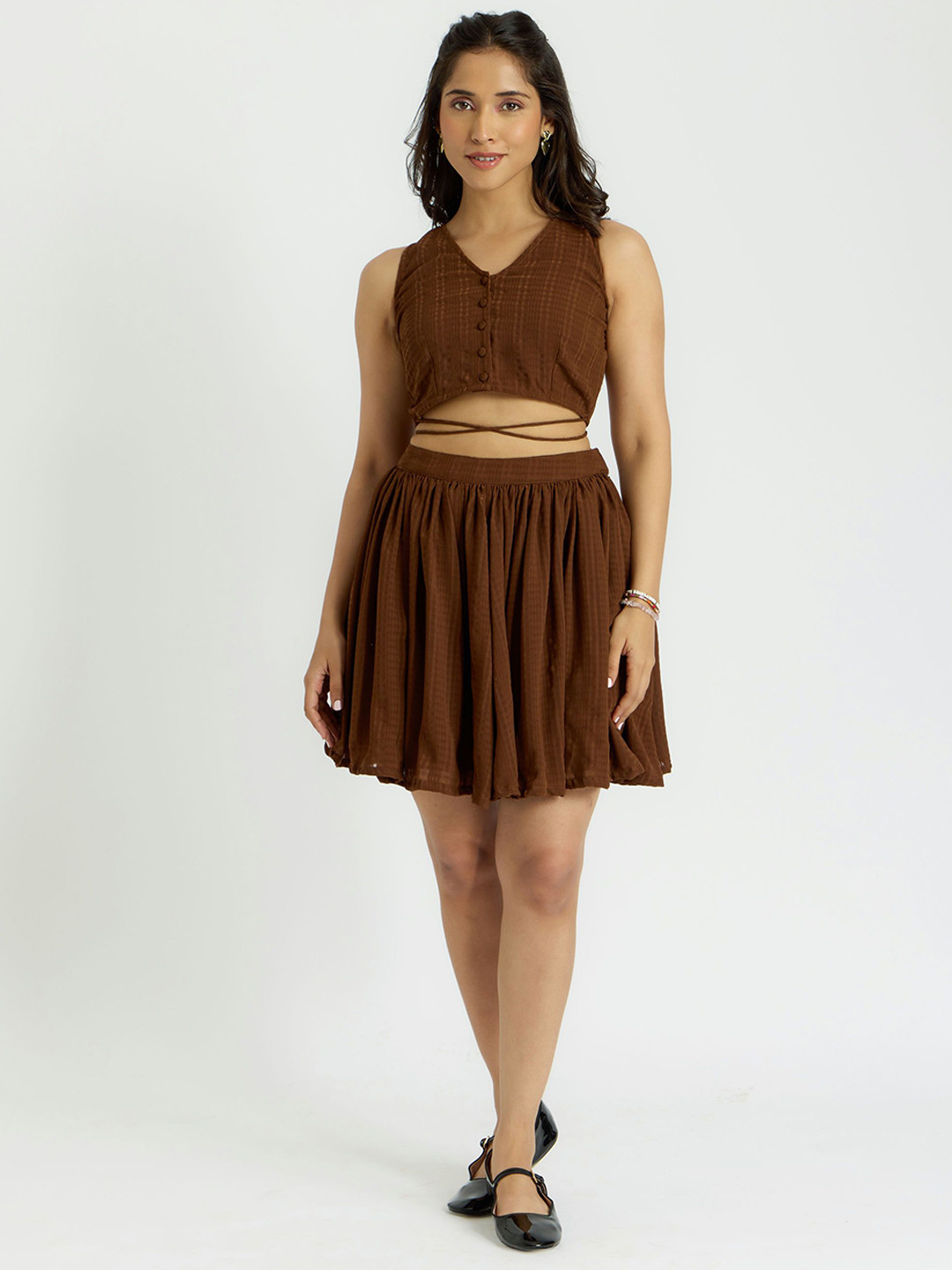 

Alaya By Stage3 Cairo Textured V-Neck Sleeveless Top & Skirt, Brown