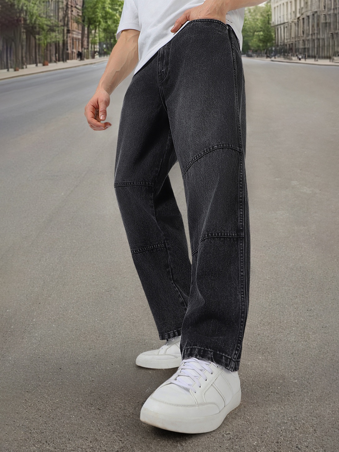 

Urbano Fashion Baggy Fit Cut and Sew Panelled Jeans, Black