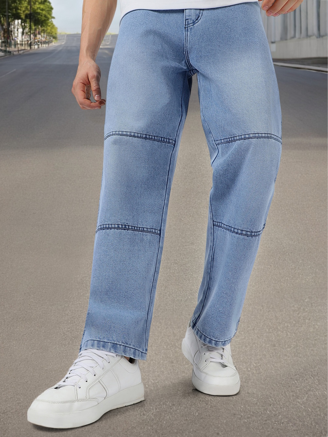 

Urbano Fashion Men Loose Baggy Fit Cut and Sew Panelled Jeans, Blue