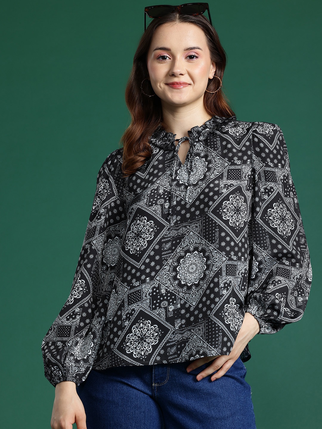 

DressBerry Bandana Print Tie-Up Neck Puff Sleeve Top, Black