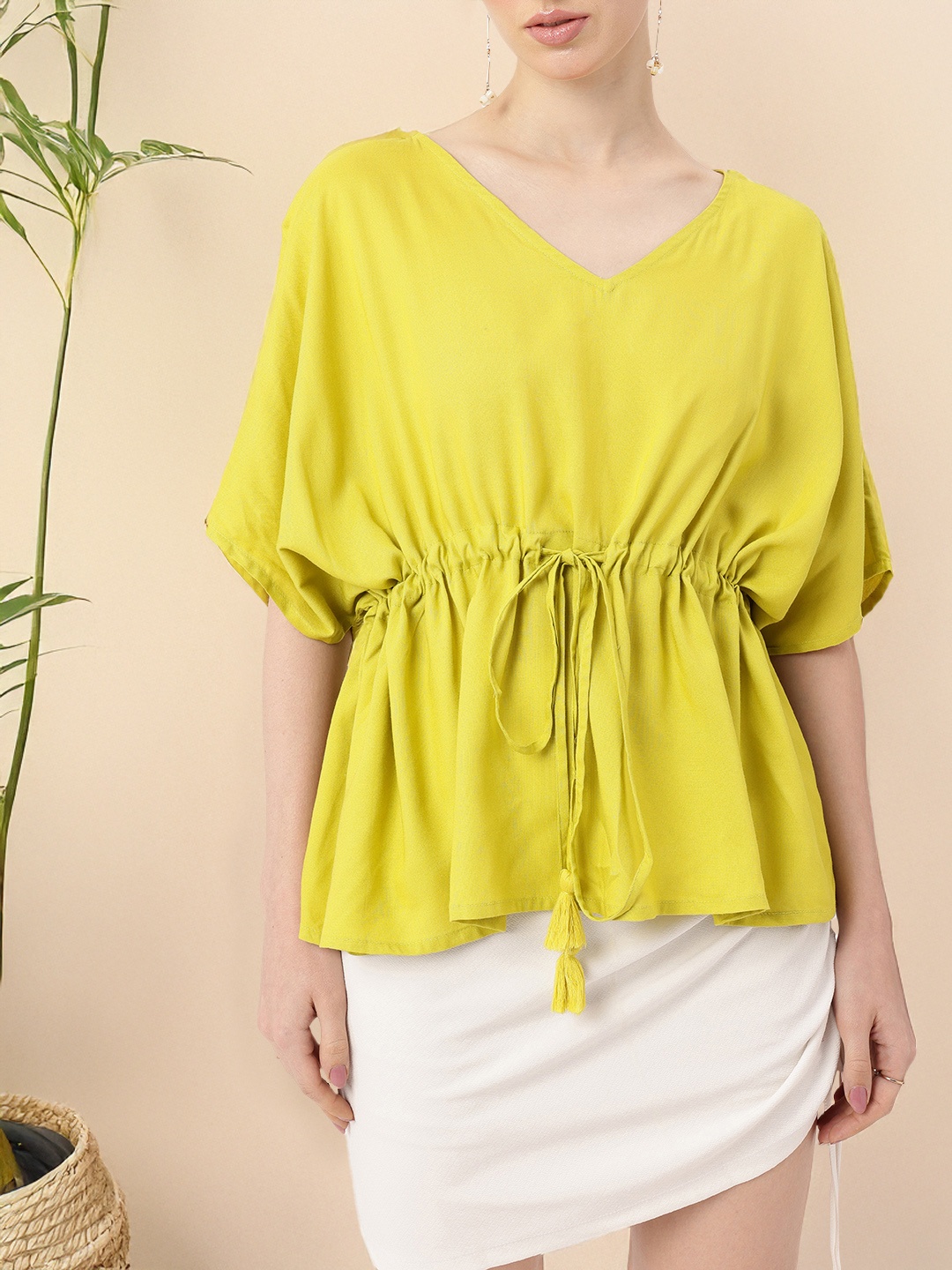 

DressBerry Feminine Glam Kimono Sleeves Kaftan Top, Lime green