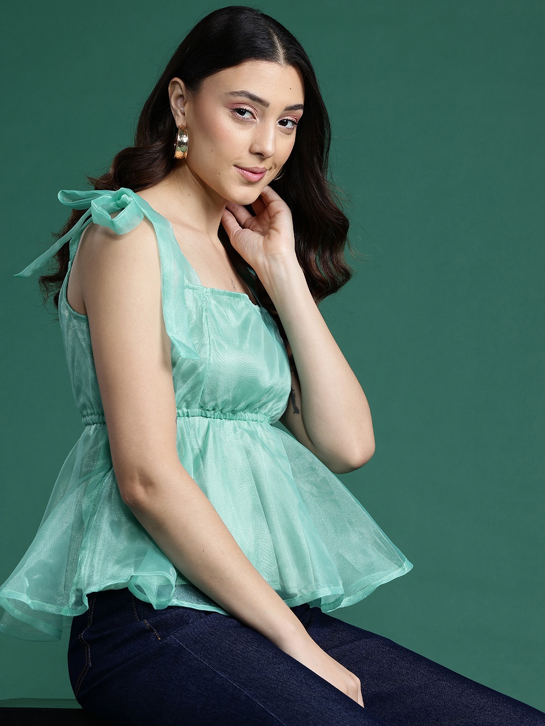 

DressBerry Glam Shoulder Straps Sheen Net Top, Green