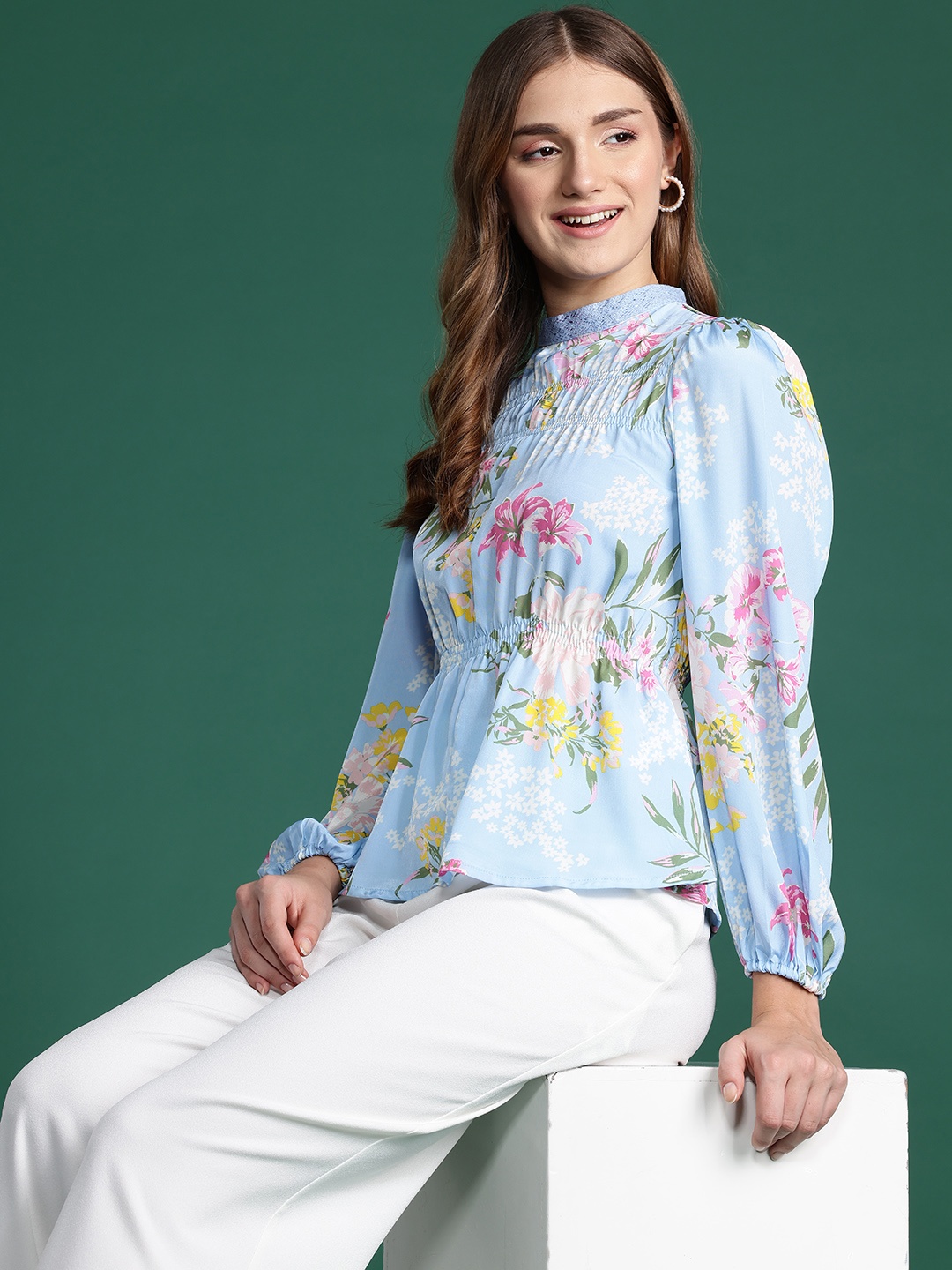 

DressBerry Floral Print Bishop Sleeves A-Line Top, Blue