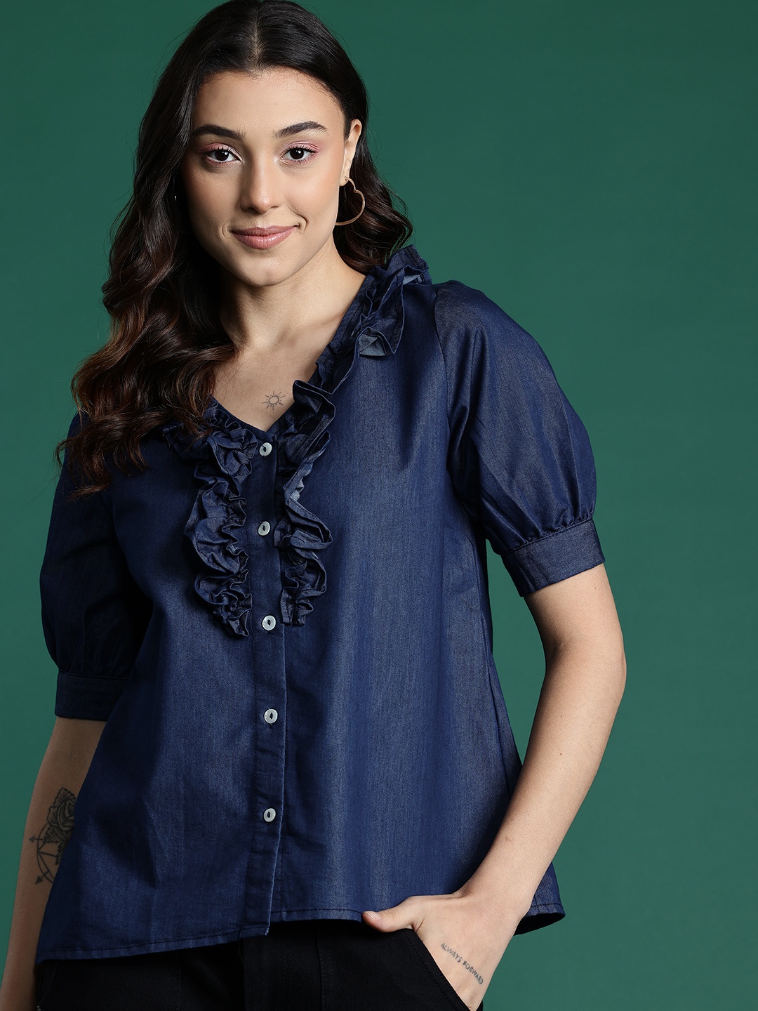 

DressBerry Puff Sleeve Ruffles Detail Chambray Shirt Style Top, Navy blue