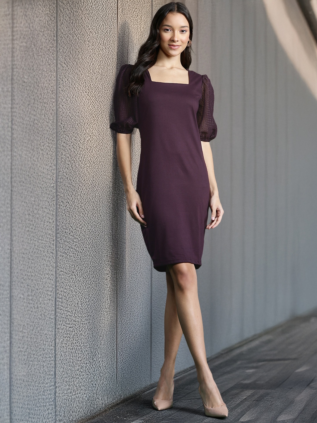 

DressBerry Puff Sleeve Sheath Dress, Burgundy
