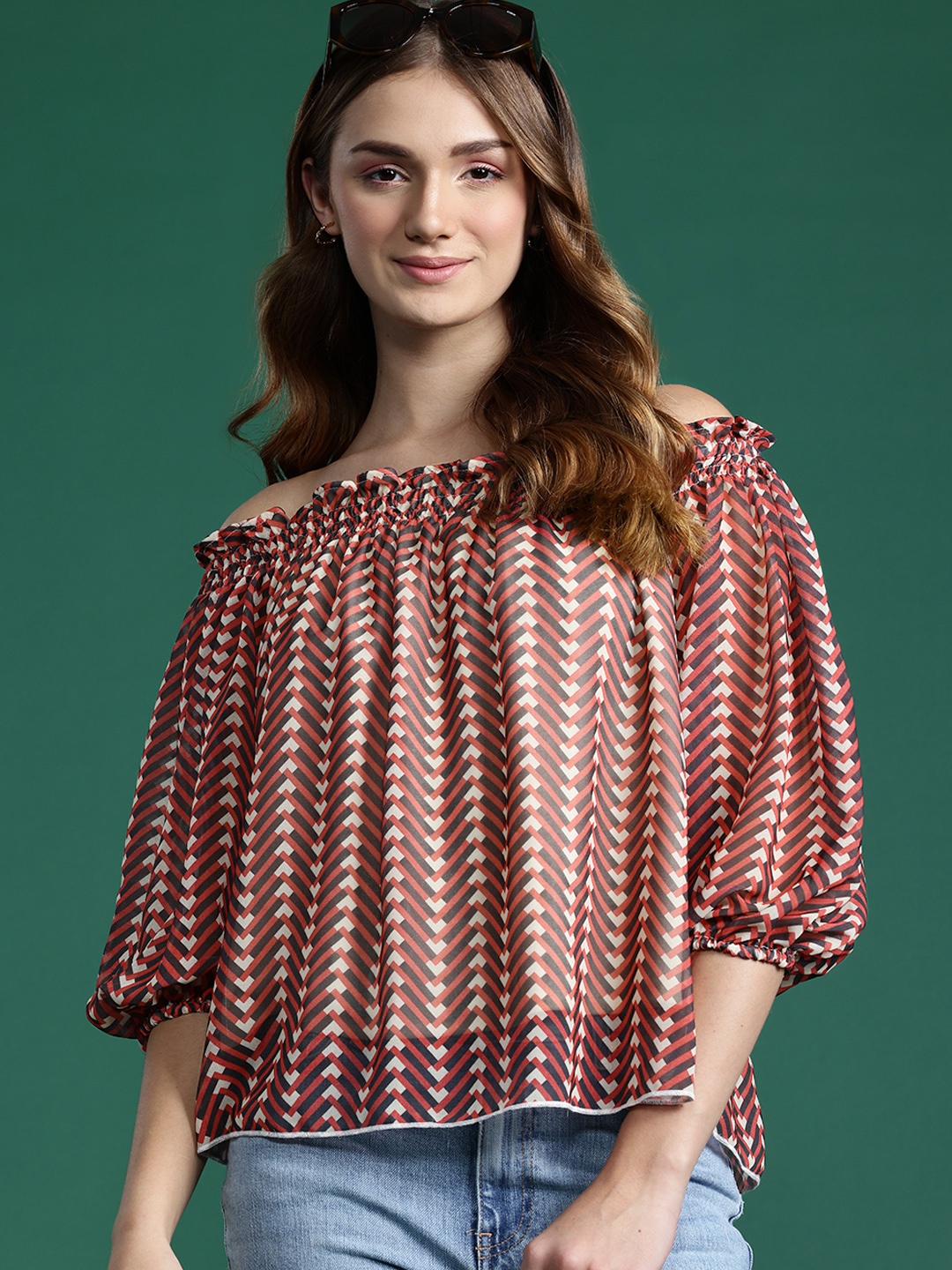

DressBerry Chevron Print Off-Shoulder Bardot Top, Red