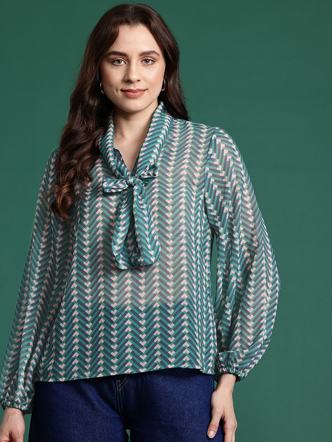 

DressBerry Geometric Print Tie-Up Neck Puff Sleeves Top, Green