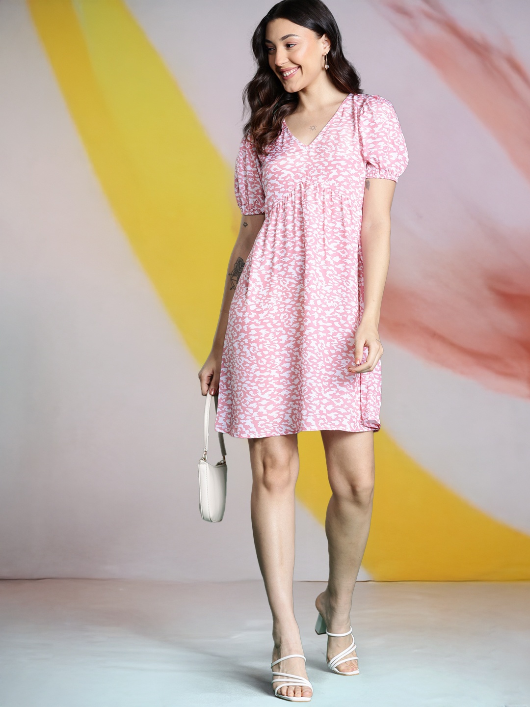 

DressBerry Print Puff Sleeve Empire Dress, White