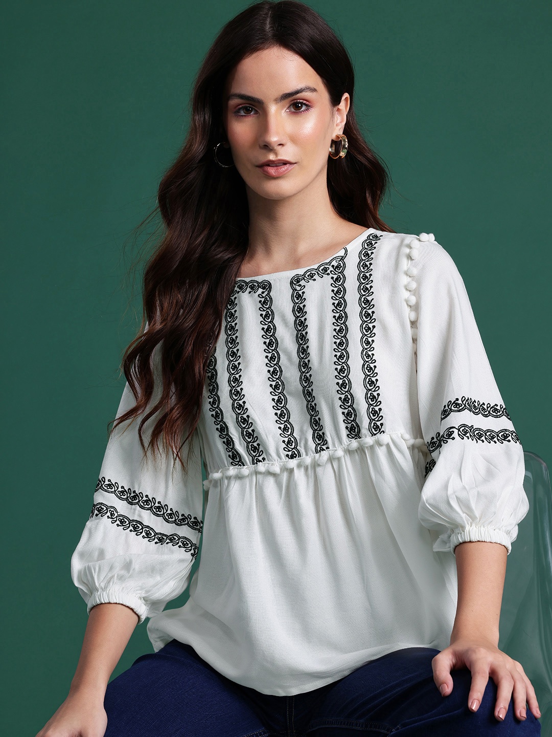 

DressBerry Floral Embroidered Empire Top, Off white