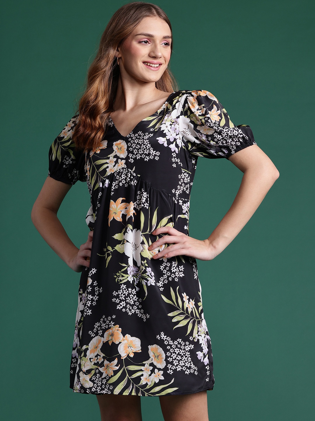 

DressBerry Floral Print Puff Sleeve A-Line Midi Dress, Black