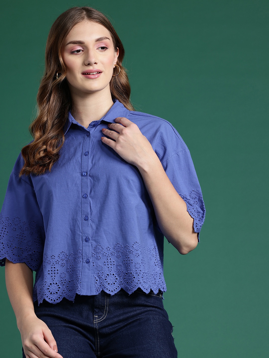 

DressBerry Schiffli Embroidered Casual Shirt, Blue