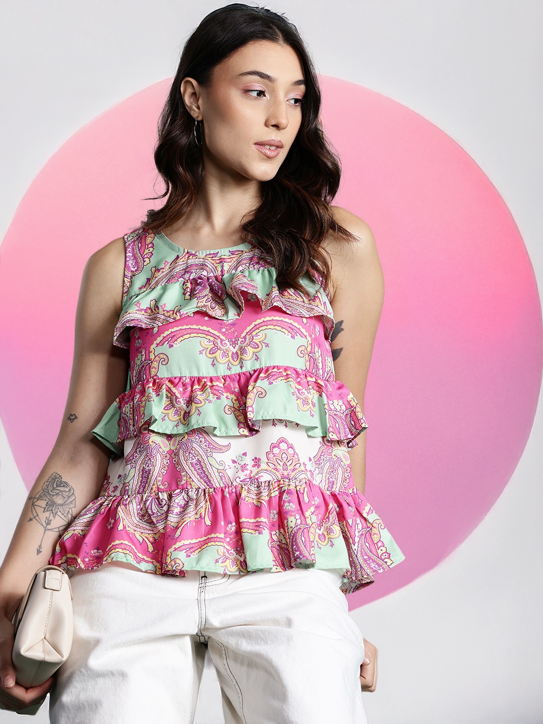 

DressBerry Ethnic Print Ruffles Top, Pink