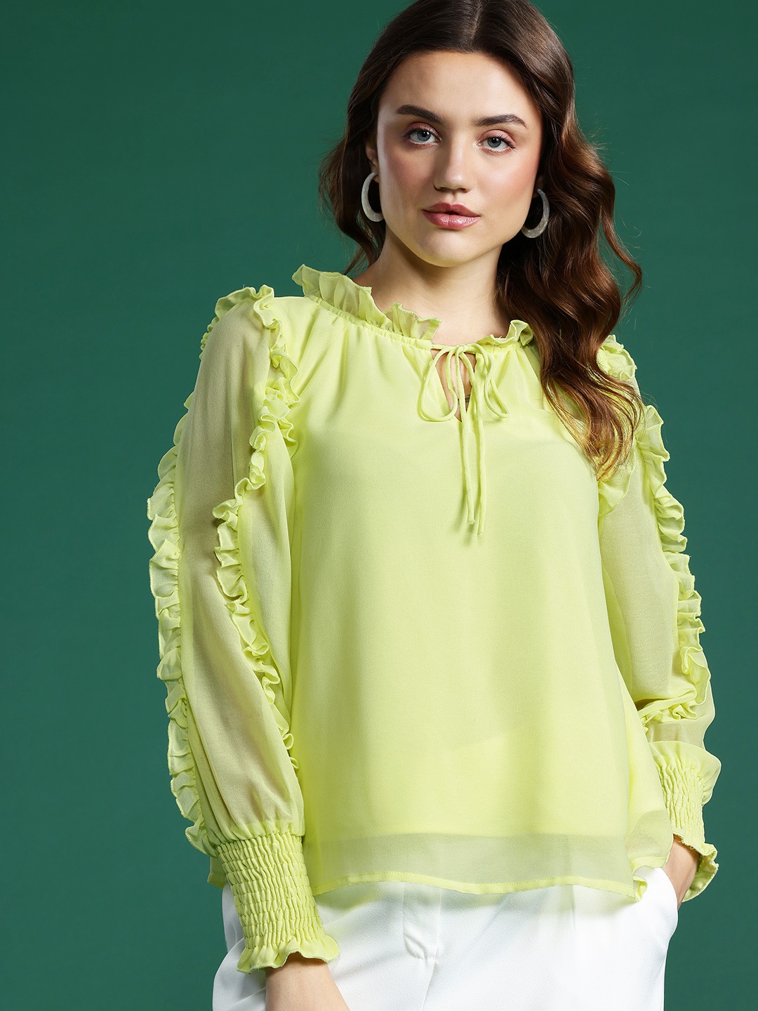 

DressBerry Tie-Up Neck Puff Sleeve Smocked Ruffles Top, Lime green