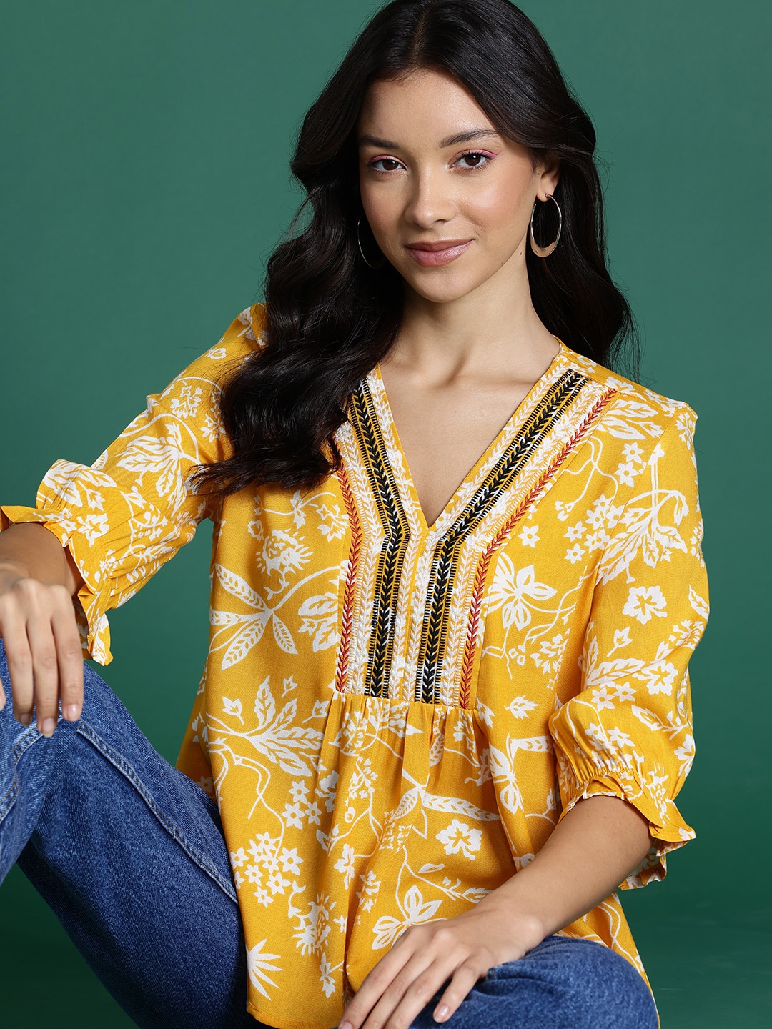 

DressBerry Floral Print A-Line Top, Mustard