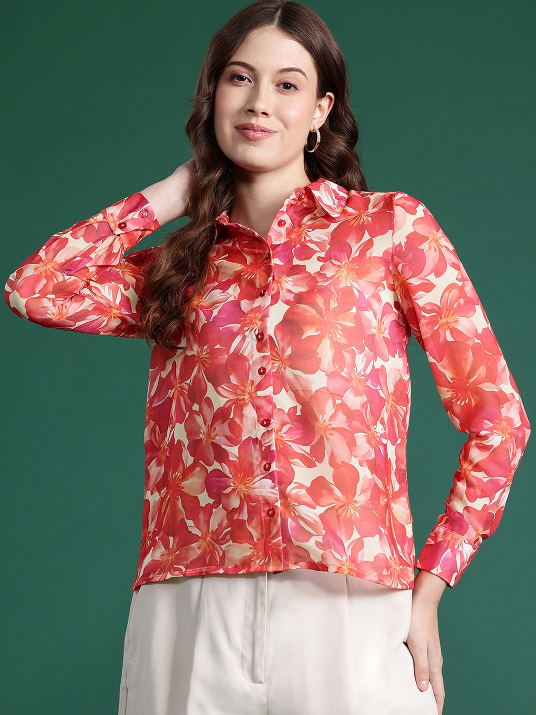 

DressBerry Semi Sheer Printed Casual Shirt, Red