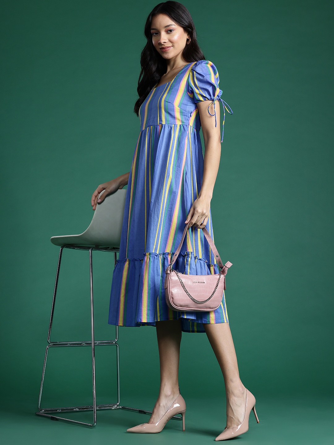 

DressBerry Striped Puff Sleeve Fit & Flare Dress, Blue