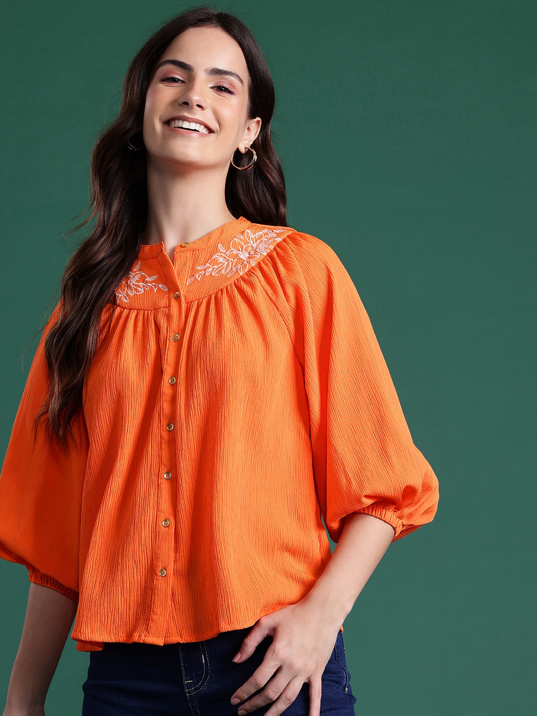 

DressBerry Embroidered Detail Puff Sleeve Top, Orange