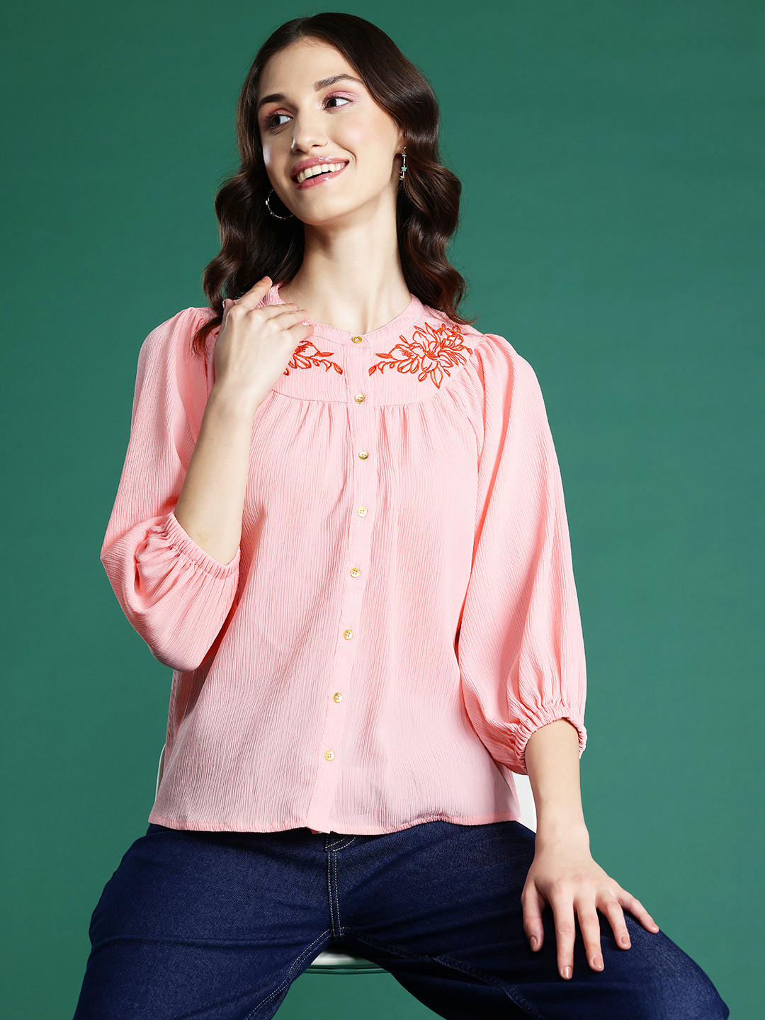 

DressBerry Embroidered Detail Shirt Style Top, Peach