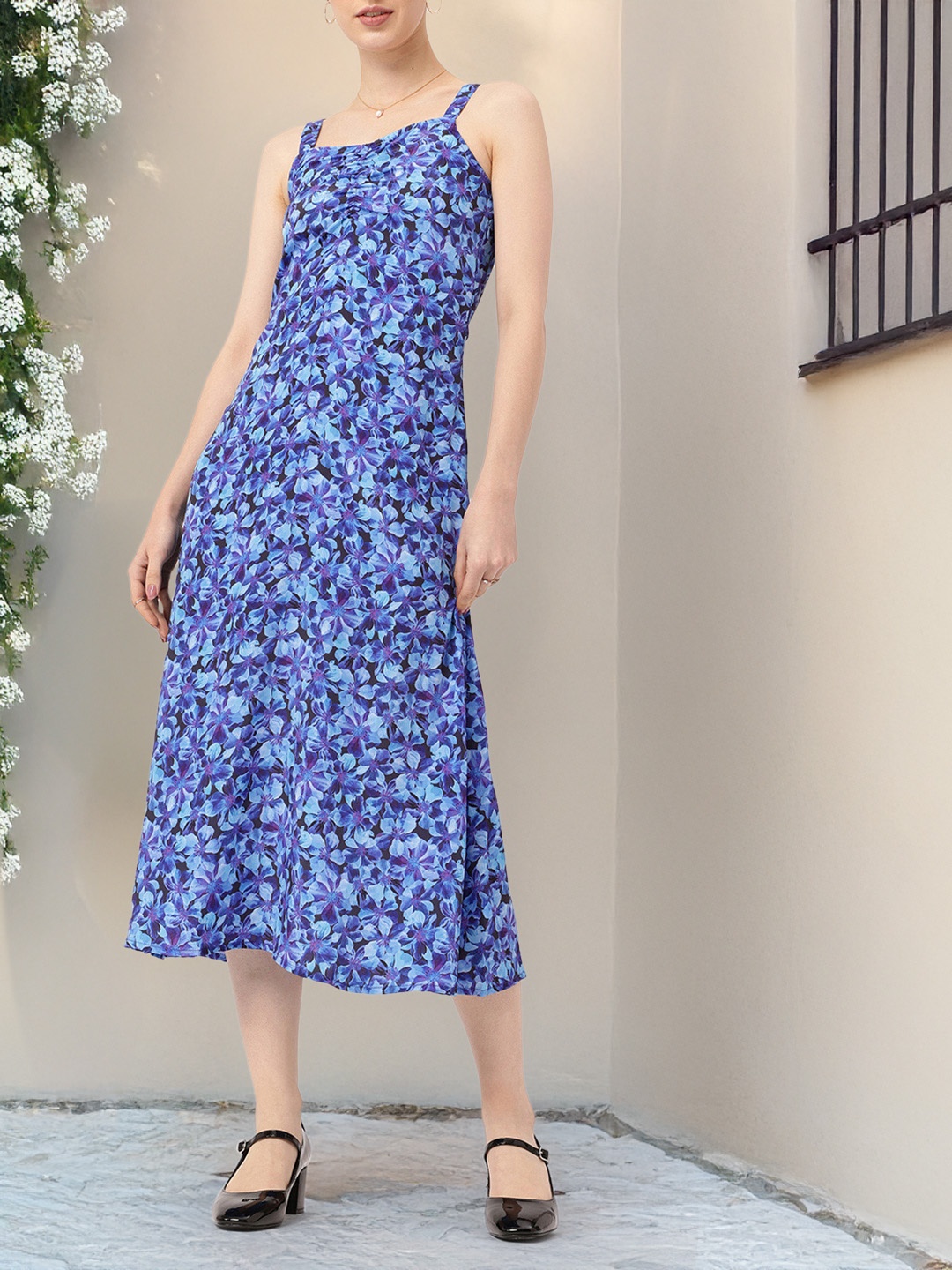 

DressBerry Cute Chic Floral Print Ruched A-Line Midi Dress, Blue