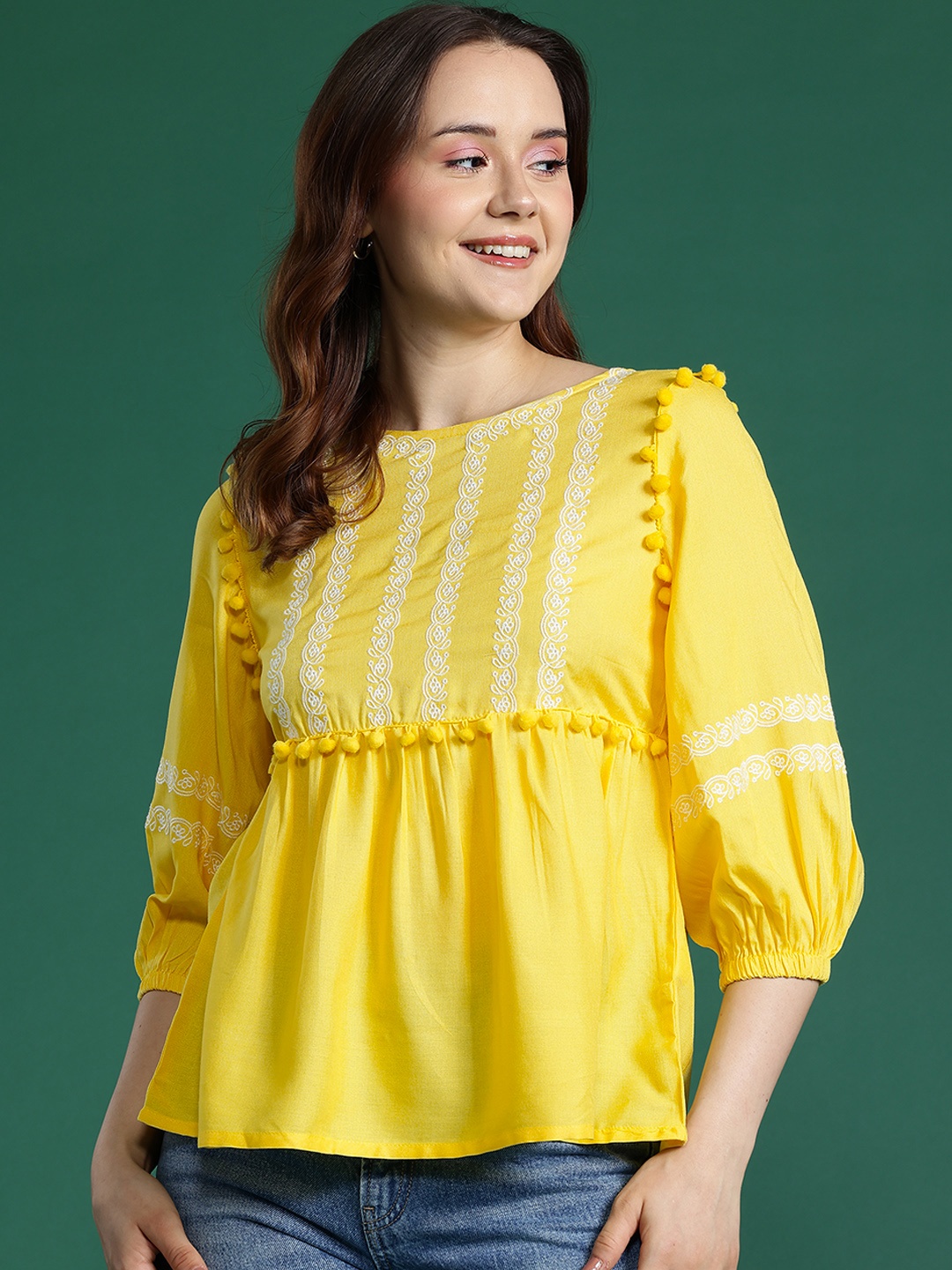 

DressBerry Embroidered Puff Sleeve Top, Yellow