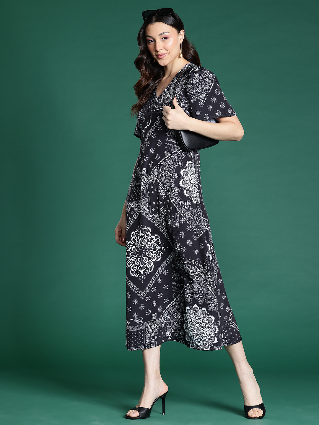 

DressBerry Ethnic Motifs Print Flared Sleeve A-Line Midi Dress, Black