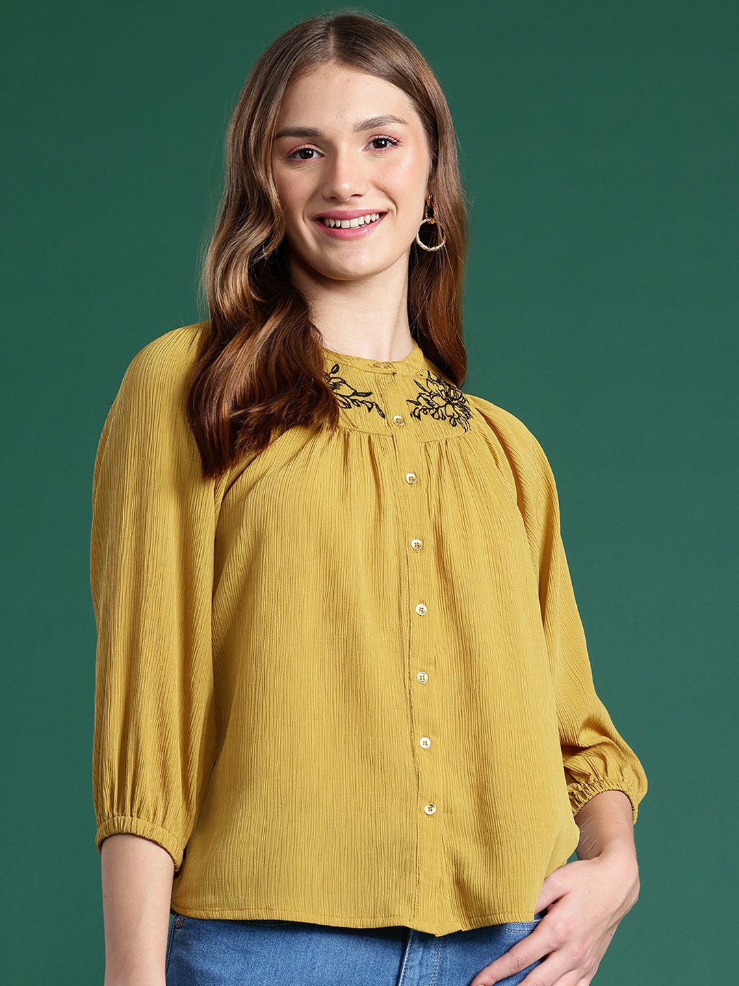 

DressBerry Embroidered Detail Mandarin Collar Top, Mustard