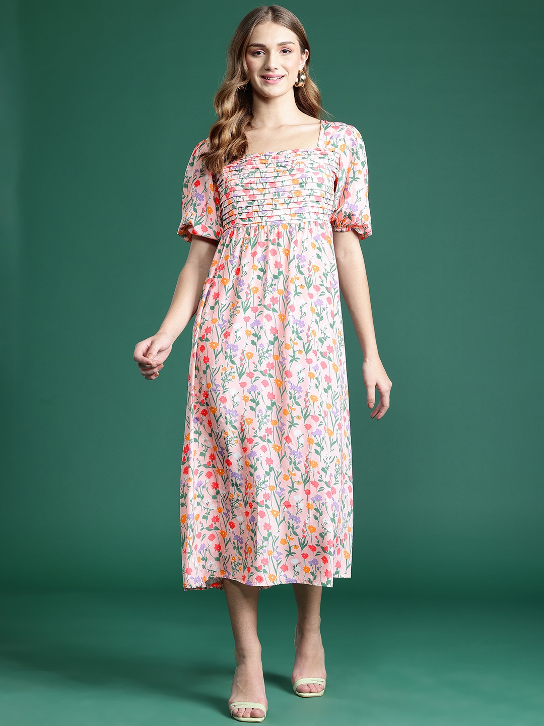 

DressBerry Floral Print Pintucks & Smocked Back A-Line Midi Dress, Peach