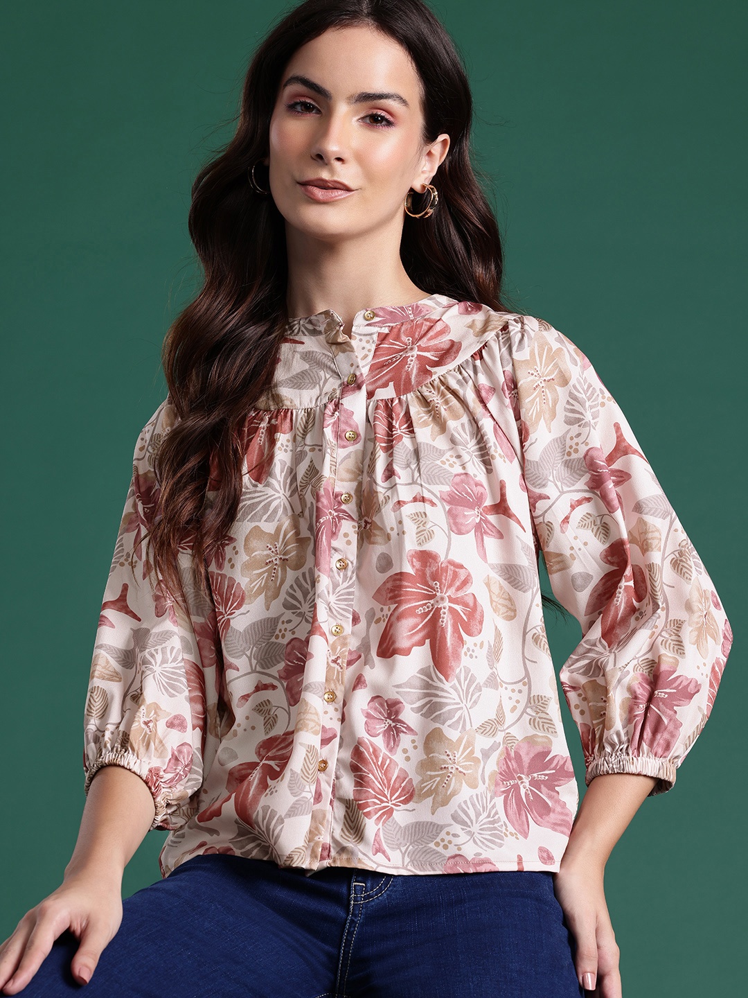 

DressBerry Floral Printed Puff Sleeves Top, White