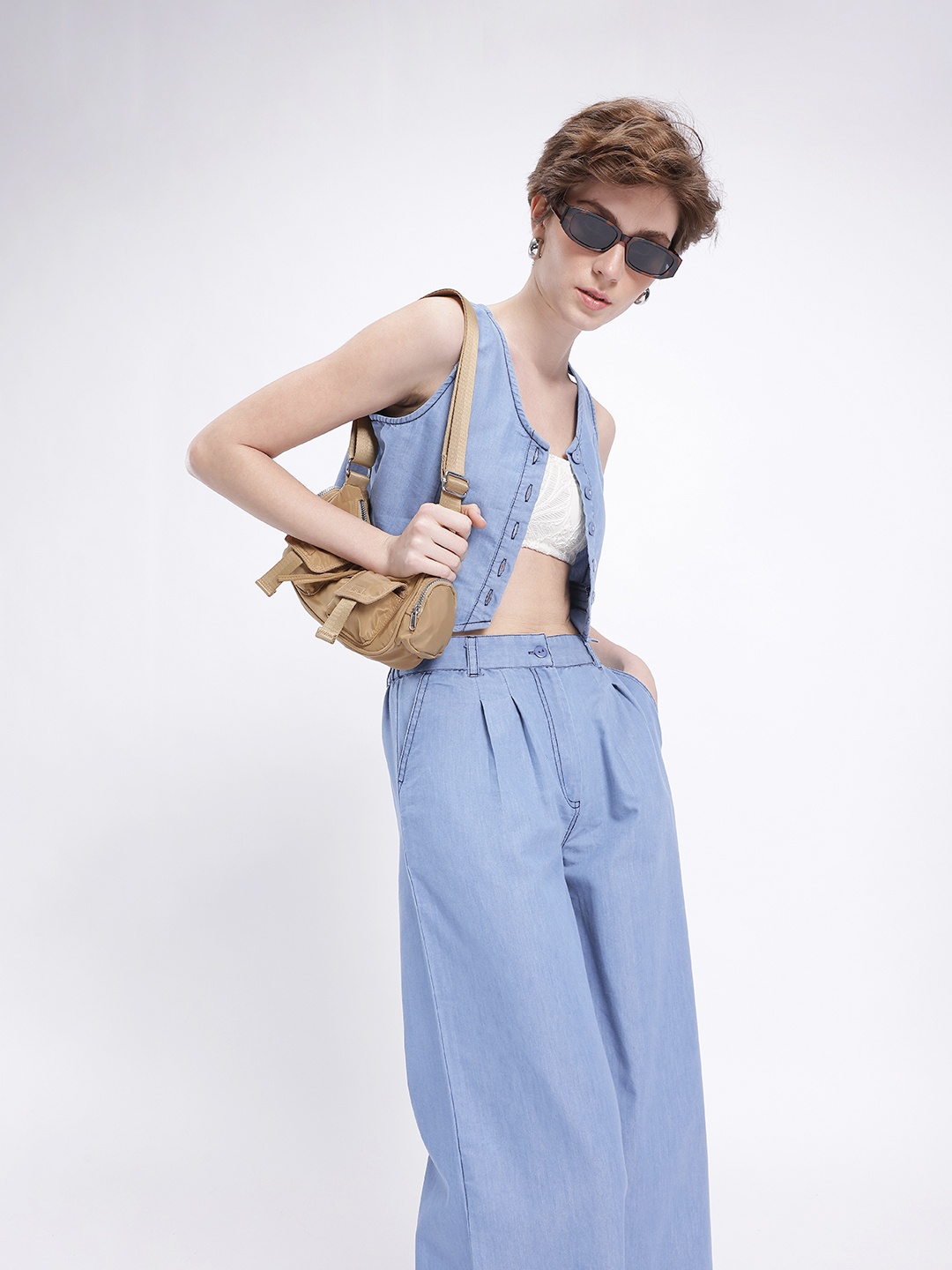 

DressBerry Urban Chic Chambray Crop Waistcoat Top With Relaxed Trousers, Blue