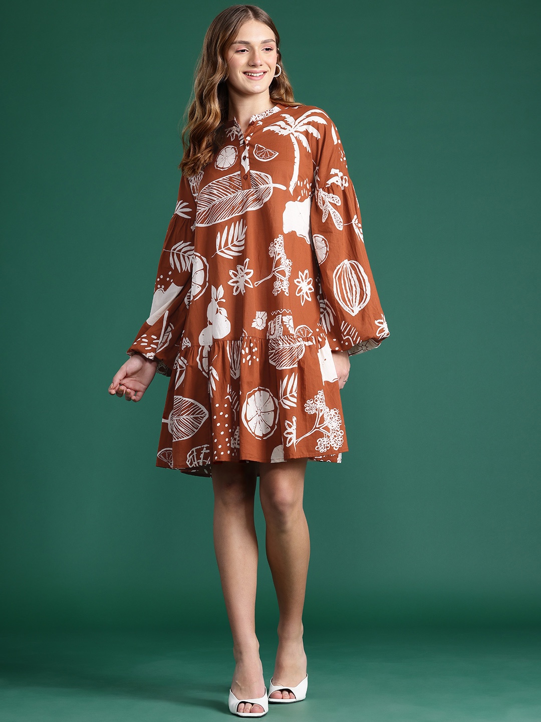 

DressBerry Floral Print Drop-Waist Dress, Brown