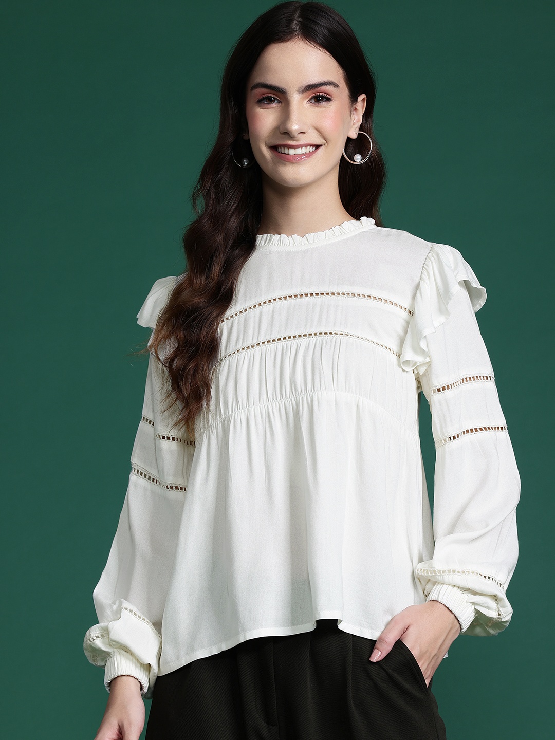 

DressBerry Puff Sleeves Lace Inserts Ruffled Top, Off white
