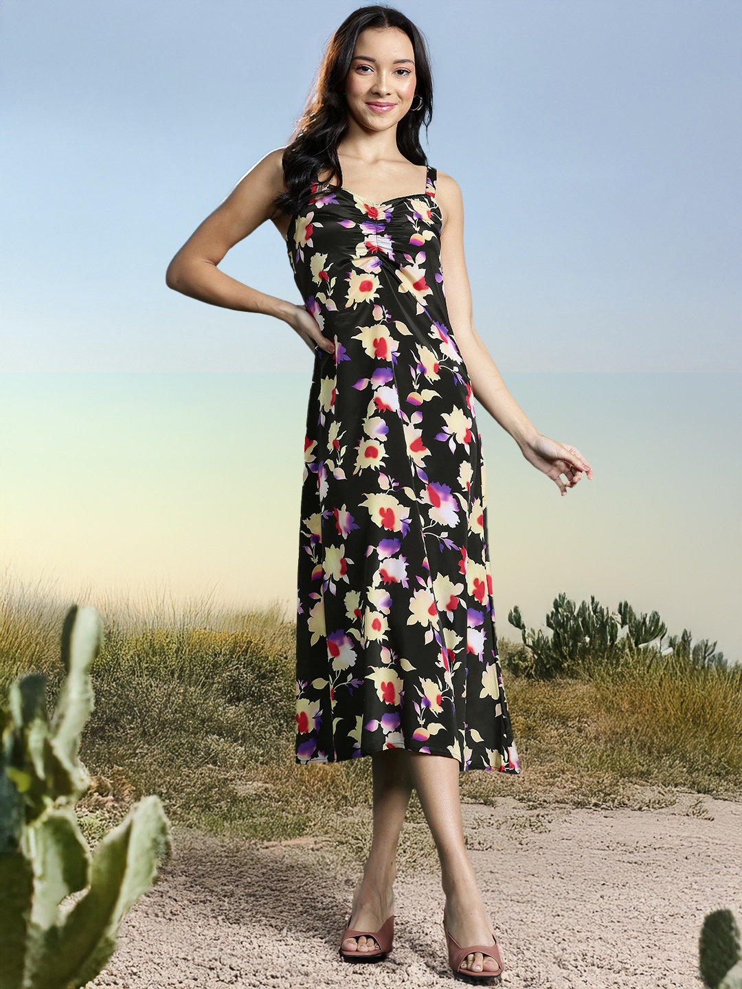 

DressBerry Floral Print Ruched A-Line Midi Dress, Black
