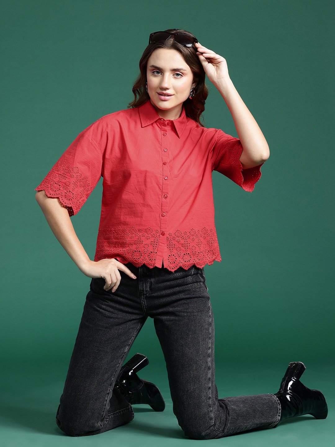 

DressBerry Schiffli Embroidered Casual Shirt, Red